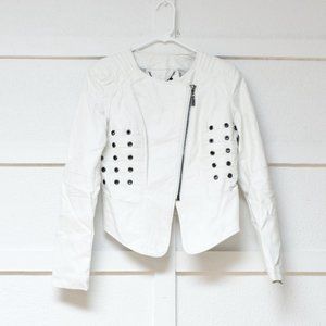 White Grommet Accented Faux Vegan Leather Moto Motorcycle Jacket | Size XS